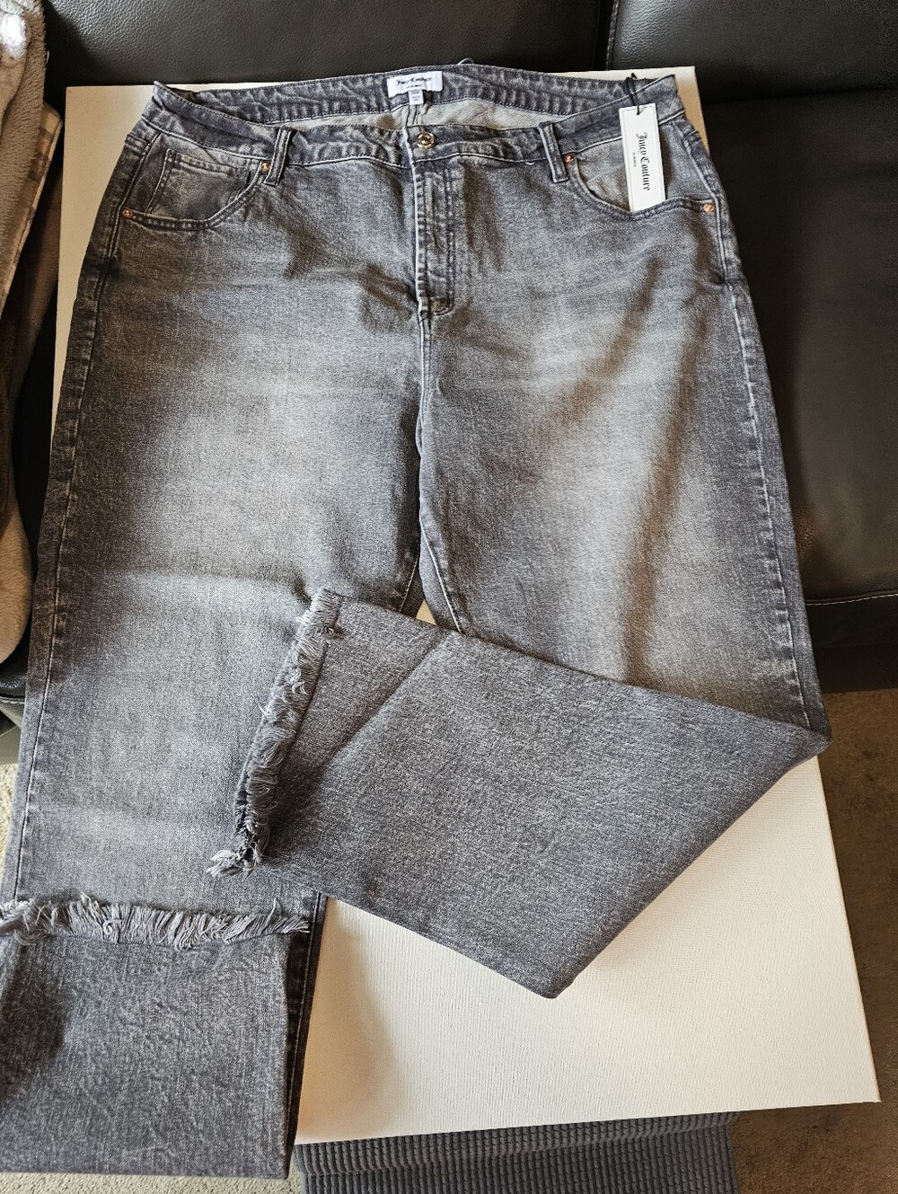 Juicy Couture Women's Grey Marble Wash Straight Leg Jeans Raw Hem 20W New